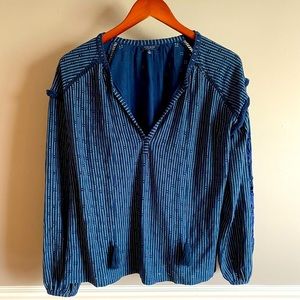 Lucky Brand Blue Striped Pointelle Boho Top with Embroidered Puff Sleeve Sz S